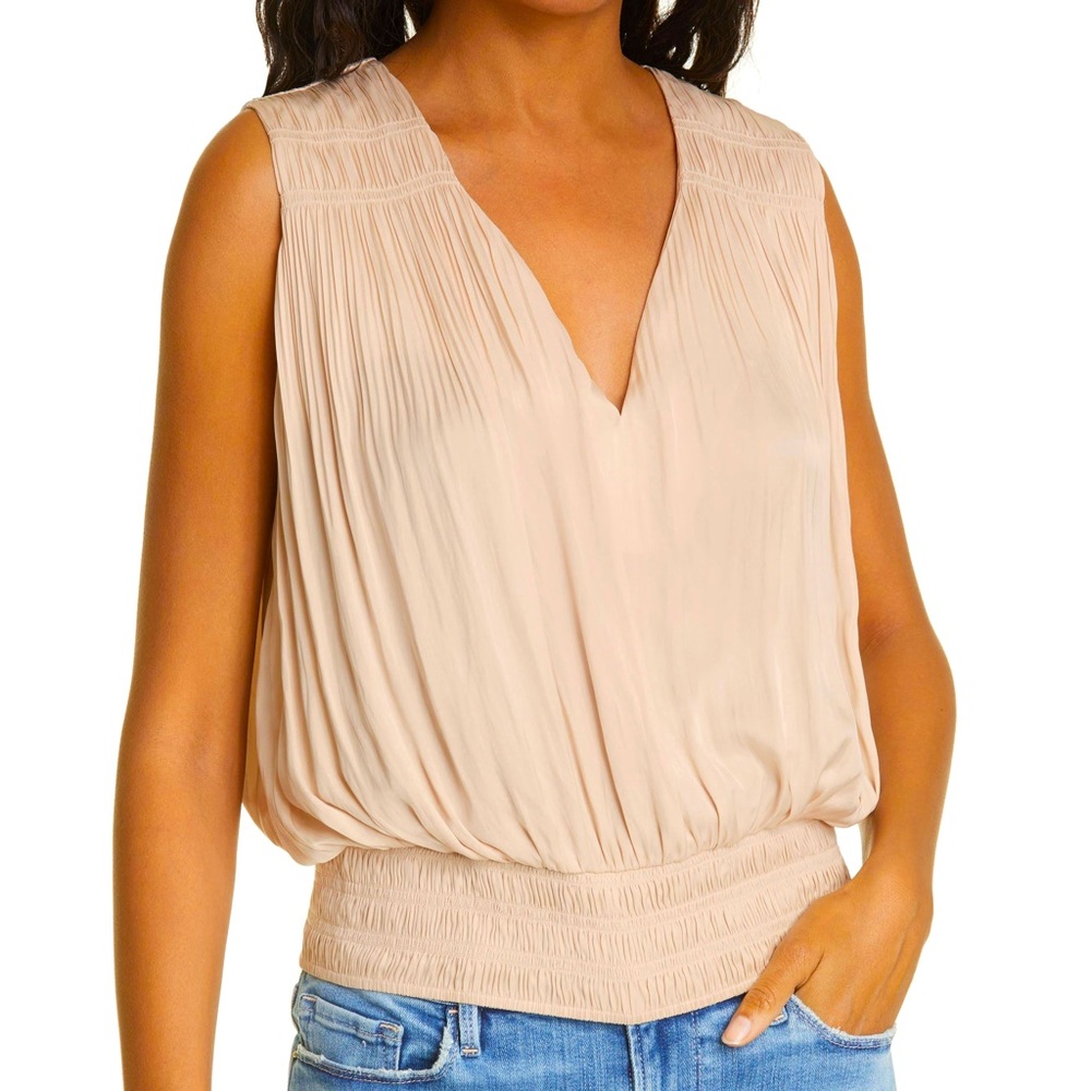 FRAME Pleat V-Neck Top, Blush Color, XS
